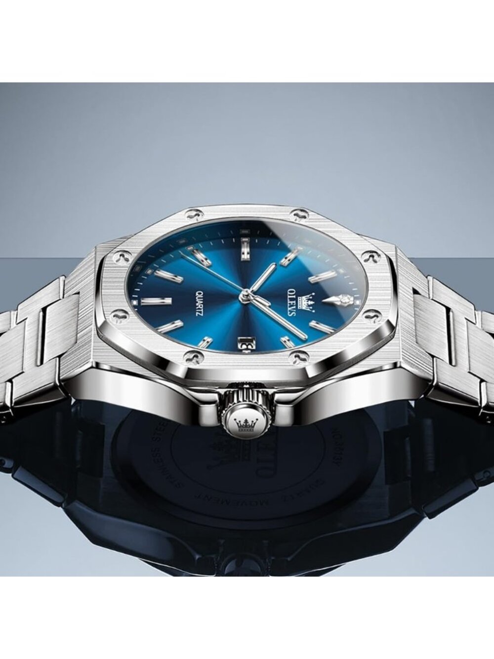 Men's Silver Blue Luxury Stainless Steel Octagon Analog Quartz Waterproof Watch - Picture 6 of 6
